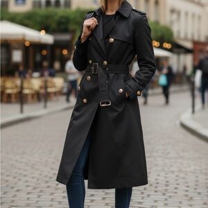 Michael Kors Black Double Breast Trench Coat Jacket Belt Small Gold Buttons